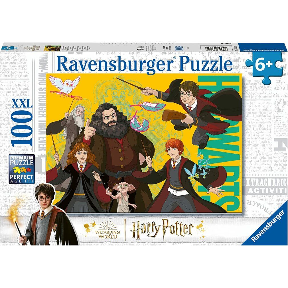Scatola puzzle Harry Potter. Logo Ravensburger. 100 pezzi. Età consigliata 6+. Personaggi con bacchette magiche.
