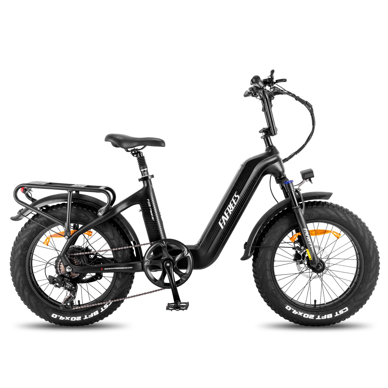 E-bike nera con pneumatici larghi, portapacchi e logo FAFREES. Vista laterale.