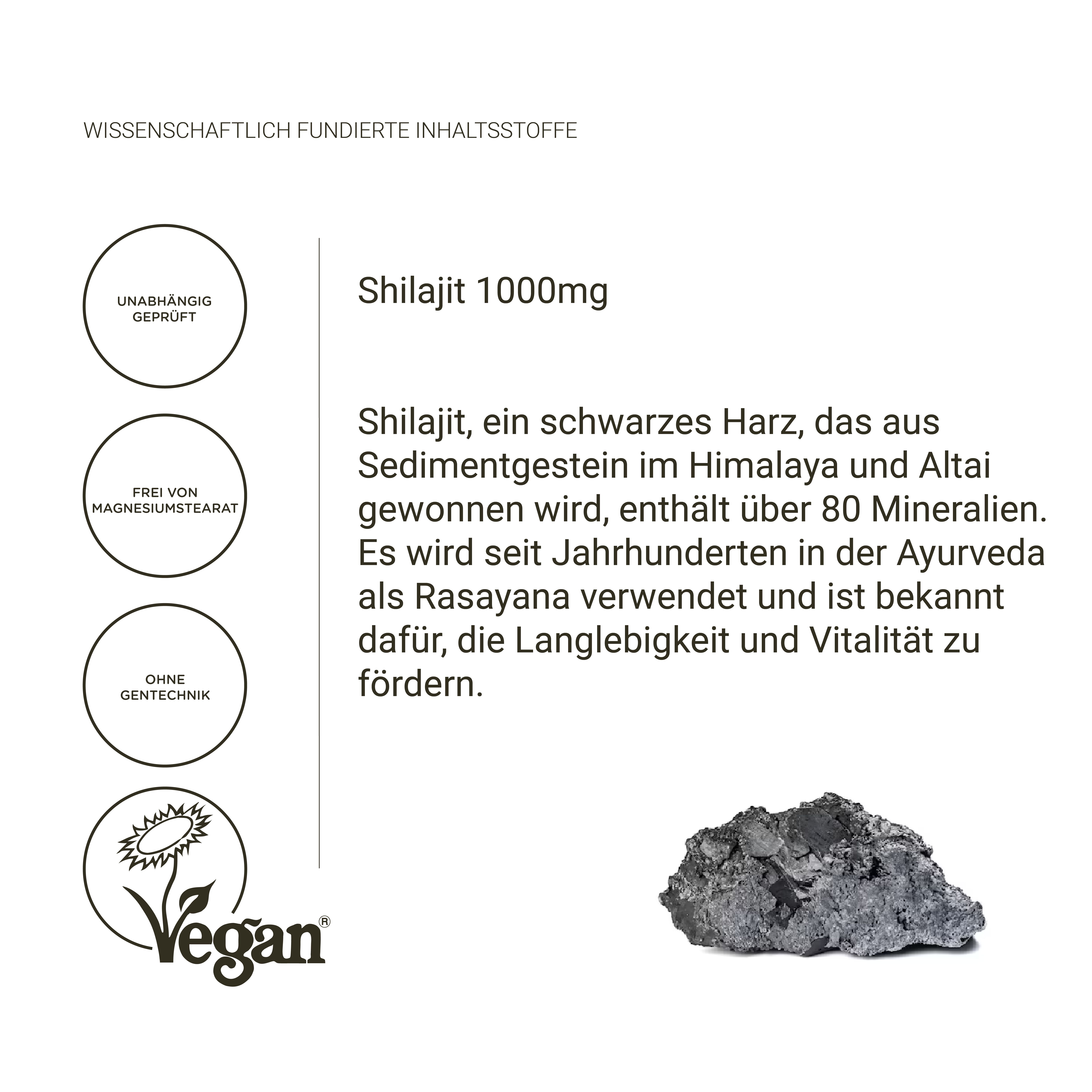 Testo: Shilajit 1000mg, resina nera dall'Himalaya. Sigillo vegano.