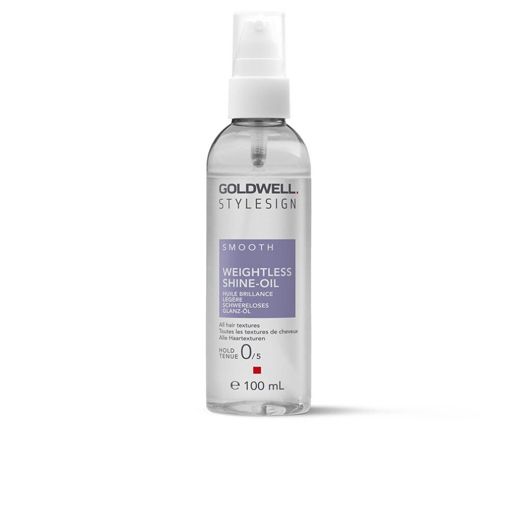 Goldwell StyleSign Smooth Weightless Shine-Öl. Flacone trasparente con erogatore spray. Etichetta viola.