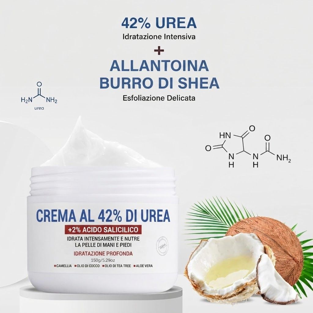Vaso di crema 42% urea e 2% acido salicilico. Contiene allantoina e burro di karité. Cocco e foglie sullo sfondo.