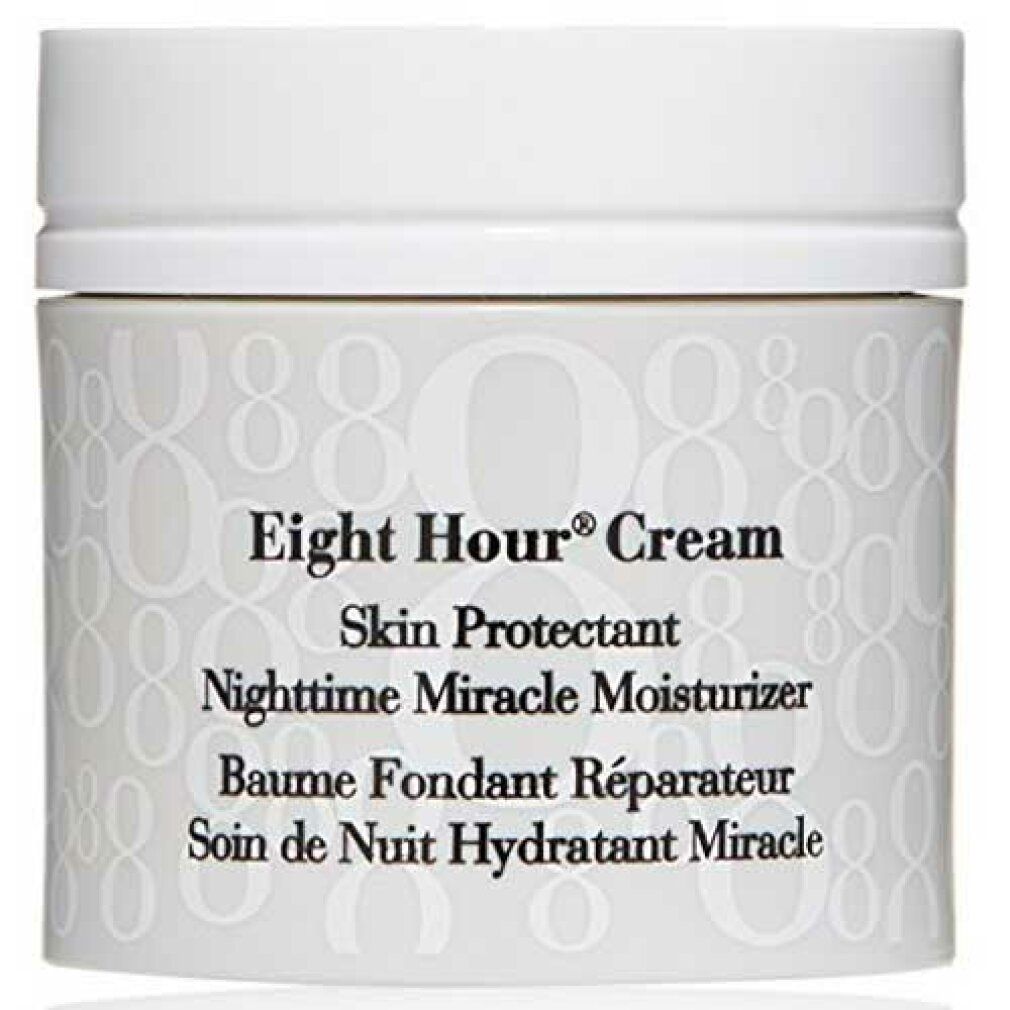 Vaso di crema. Scritta: Eight Hour Cream, Skin Protectant, Nighttime Miracle Moisturizer. Marchio: Elizabeth Arden. Sfondo grigio con numeri.