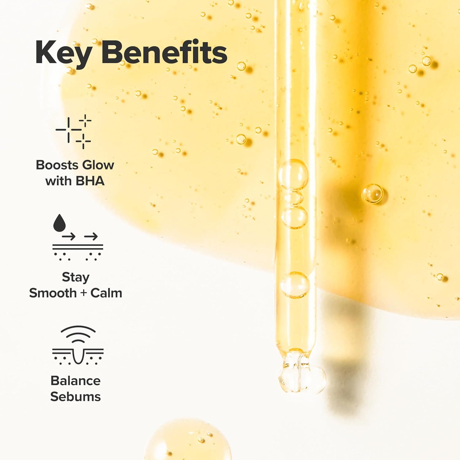 Grafica con icone e testo. Icone: BHA, pelle liscia, equilibrio del sebo. Testo: Boosts Glow, Stay Smooth, Balance Sebums.