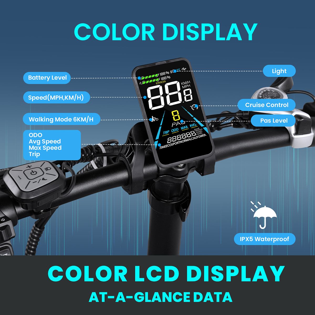 Display a colori di una e-bike. Visualizzazione di batteria, velocità, modalità di camminata, ODO, velocità media. IPX5 impermeabile.