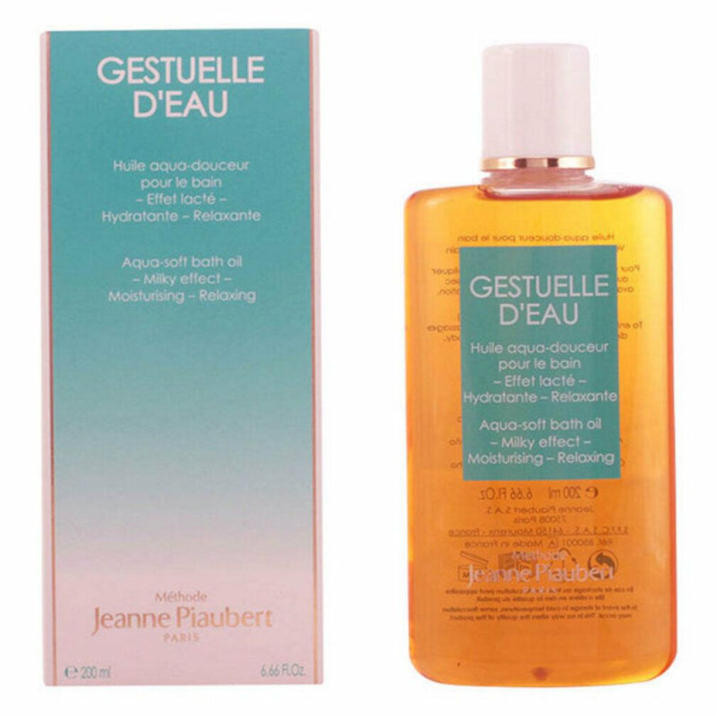 Flacone e scatola Gestuelle d'Eau. Olio aqua-soft per il bagno. Effetto latteo, idratante, rilassante. Marchio Jeanne Piaubert.