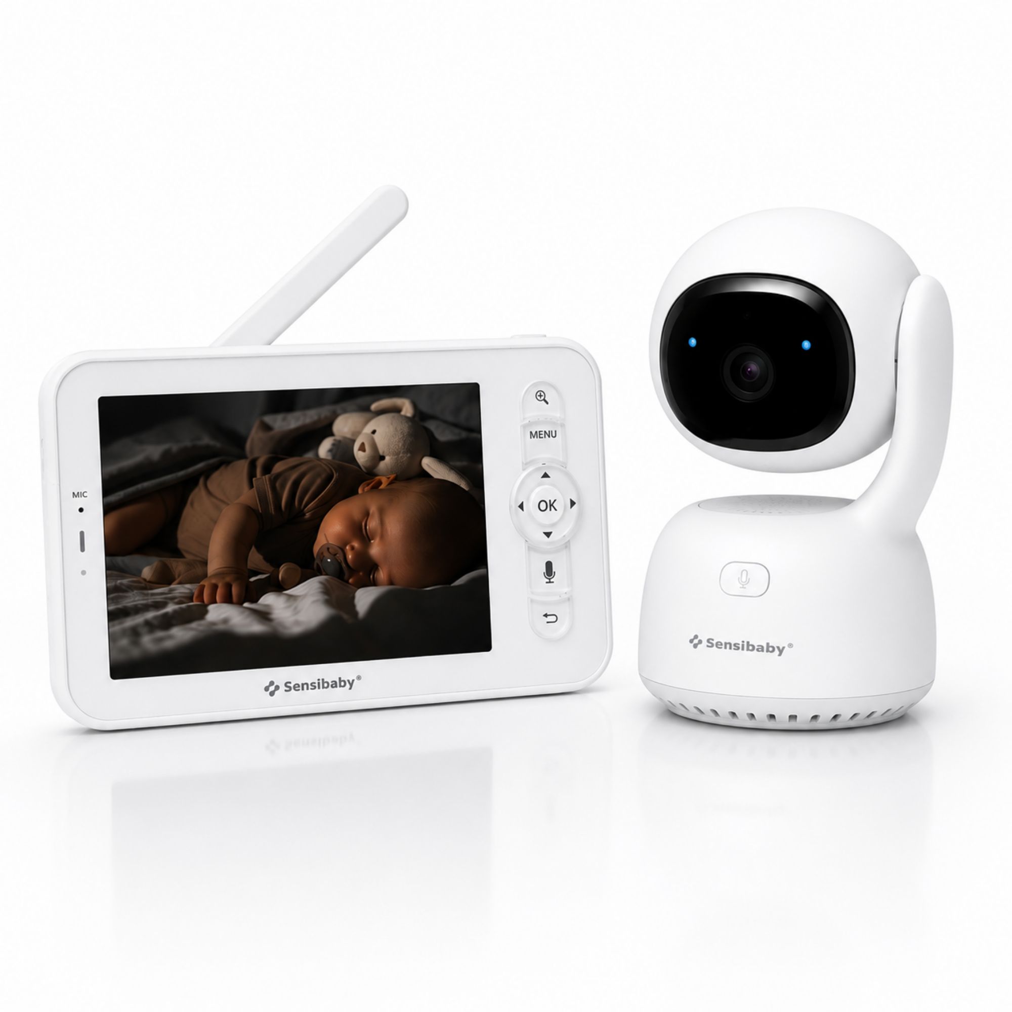 Babyphone con telecamera e monitor da 5 pollici. Mostra un bambino addormentato. Design bianco.
