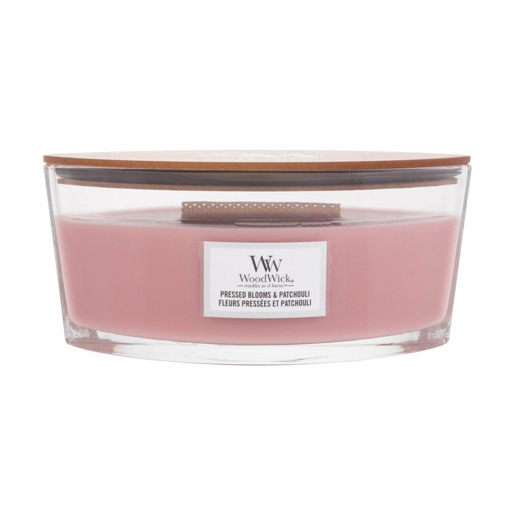 Candela profumata con stoppino in legno. Cera rosa in contenitore di vetro con coperchio in legno. Etichetta con nome e marchio WoodWick.