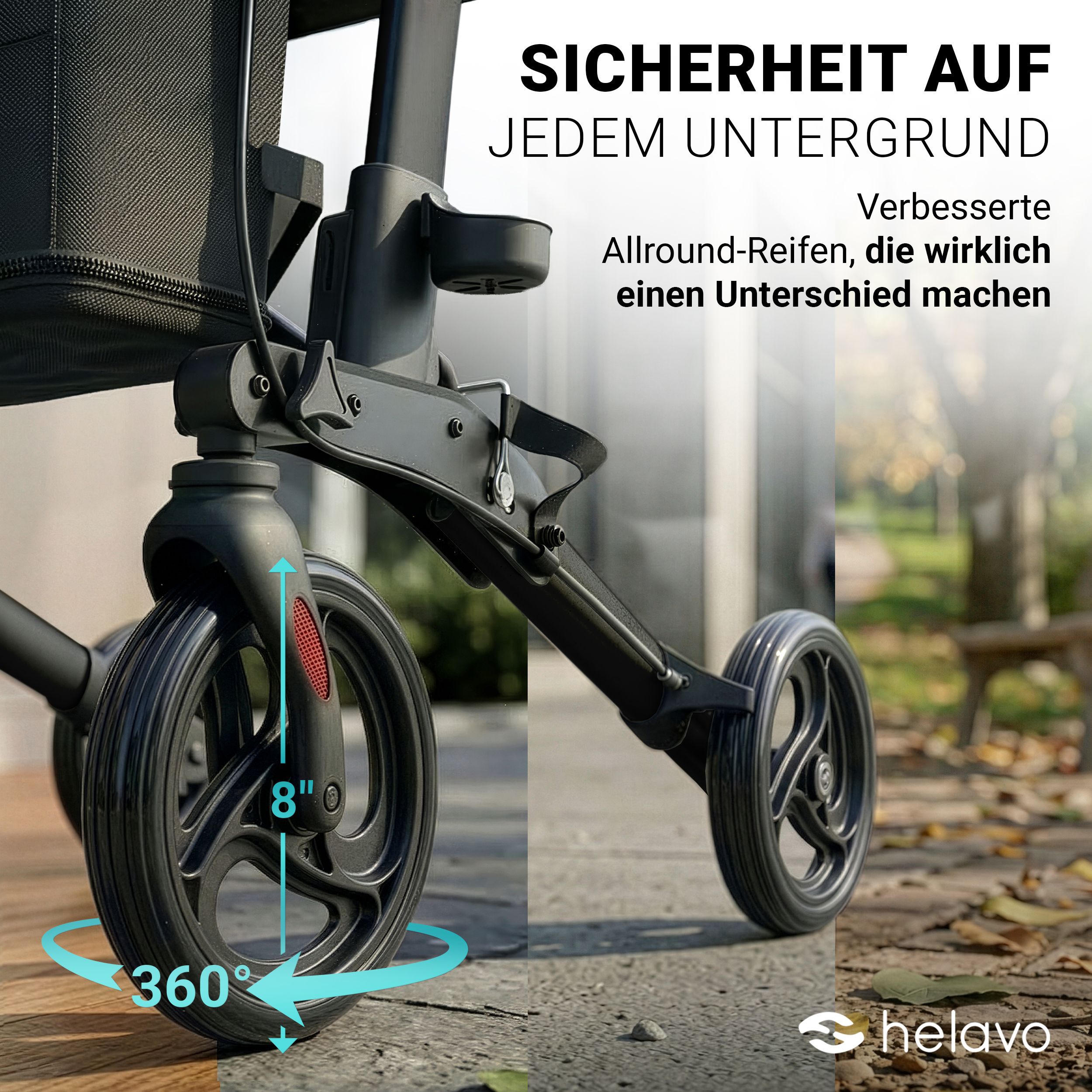 Vista dettagliata delle ruote da 8 pollici di un rollator Helavo pieghevole. Rotazione a 360 gradi.