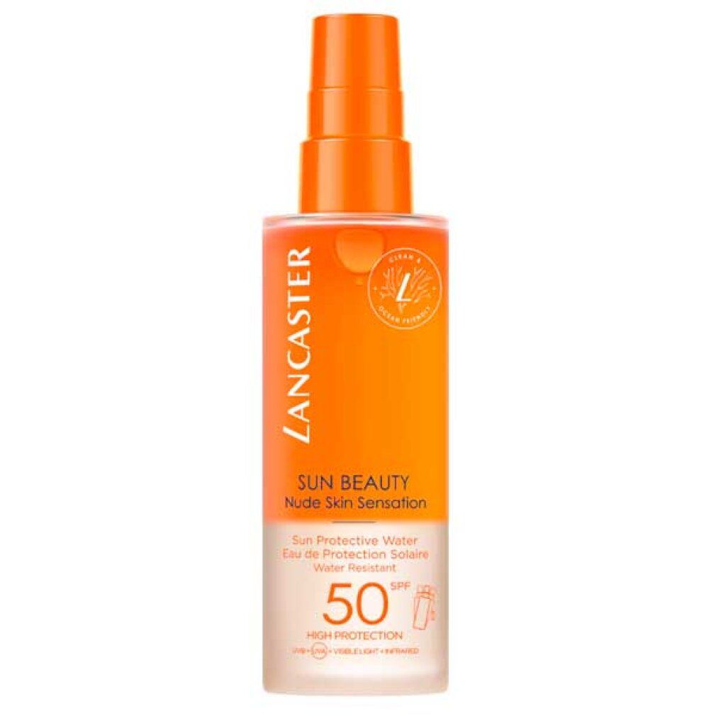 Lancaster Sun Beauty Protective Water SPF50. Flacone arancione con vaporizzatore. Testo: Sun Beauty, SPF50, High Protection.