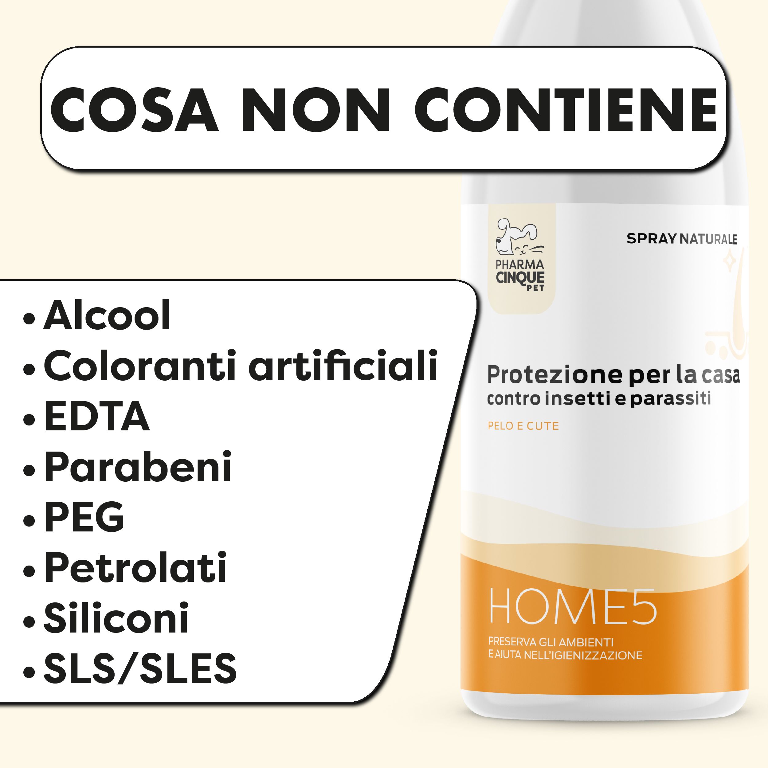 Elenco degli ingredienti non contenuti nello spray protettivo per animali, con una bottiglia.