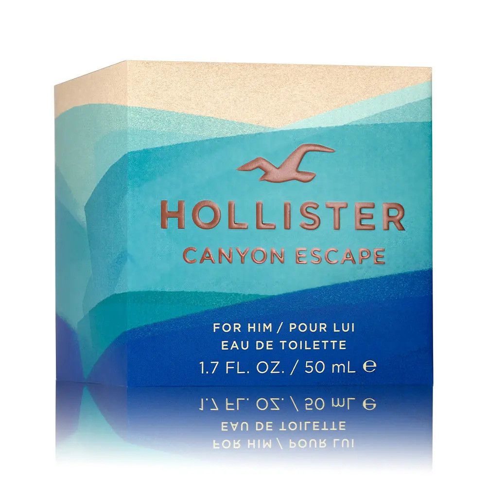 Confezione di Hollister Canyon Escape Eau de Toilette. Design blu e bianco con logo e nome del prodotto.