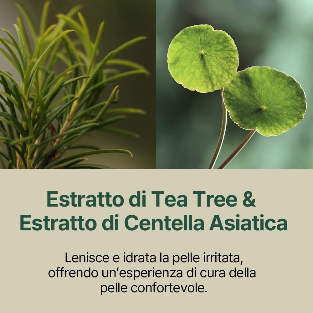 Due immagini: Estratto di tea tree ed estratto di Centella Asiatica. Testo: Lenisce e idrata la pelle irritata.