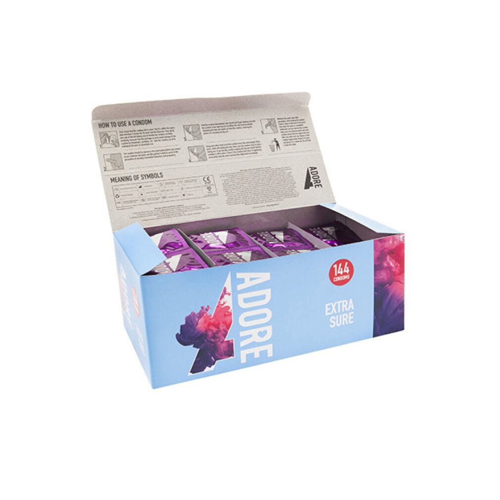 Scatola aperta di preservativi Adore Extra Sure. Istruzioni per l'uso all'interno.