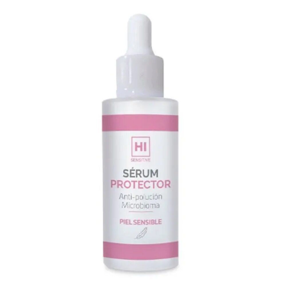 Flacone bianco con fascia rosa e testo. Contagocce. Testo: HI SENSITIVE, Sérum Protector, Anti-pollution Microbioma, PIEL SENSIBLE.