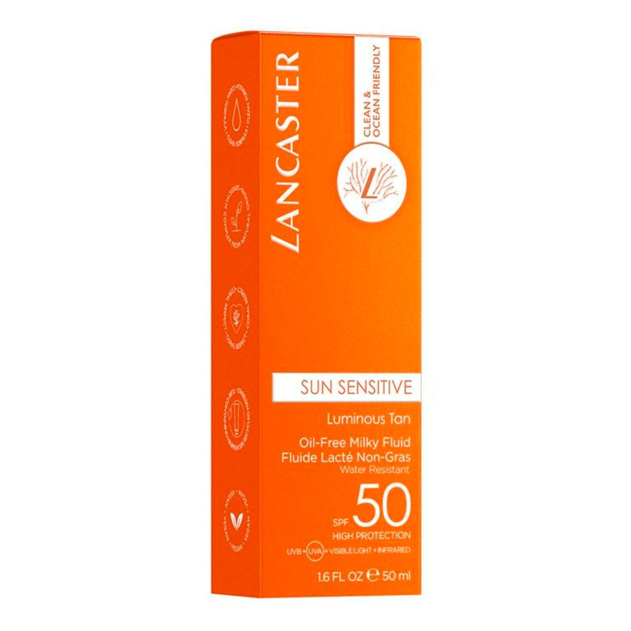 Confezione prodotto arancione. Testo: Lancaster, Sun Sensitive, Luminous Tan, SPF 50, Alta Protezione.