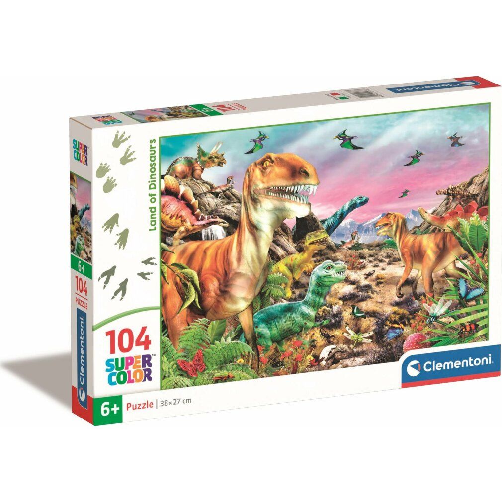 Puzzle Clementoni, 104 pezzi. Confezione con motivo puzzle dinosauri. Testo: Land of Dinosaurs, 6+, 104 pezzi, 33x27 cm. Marchio Clementoni.