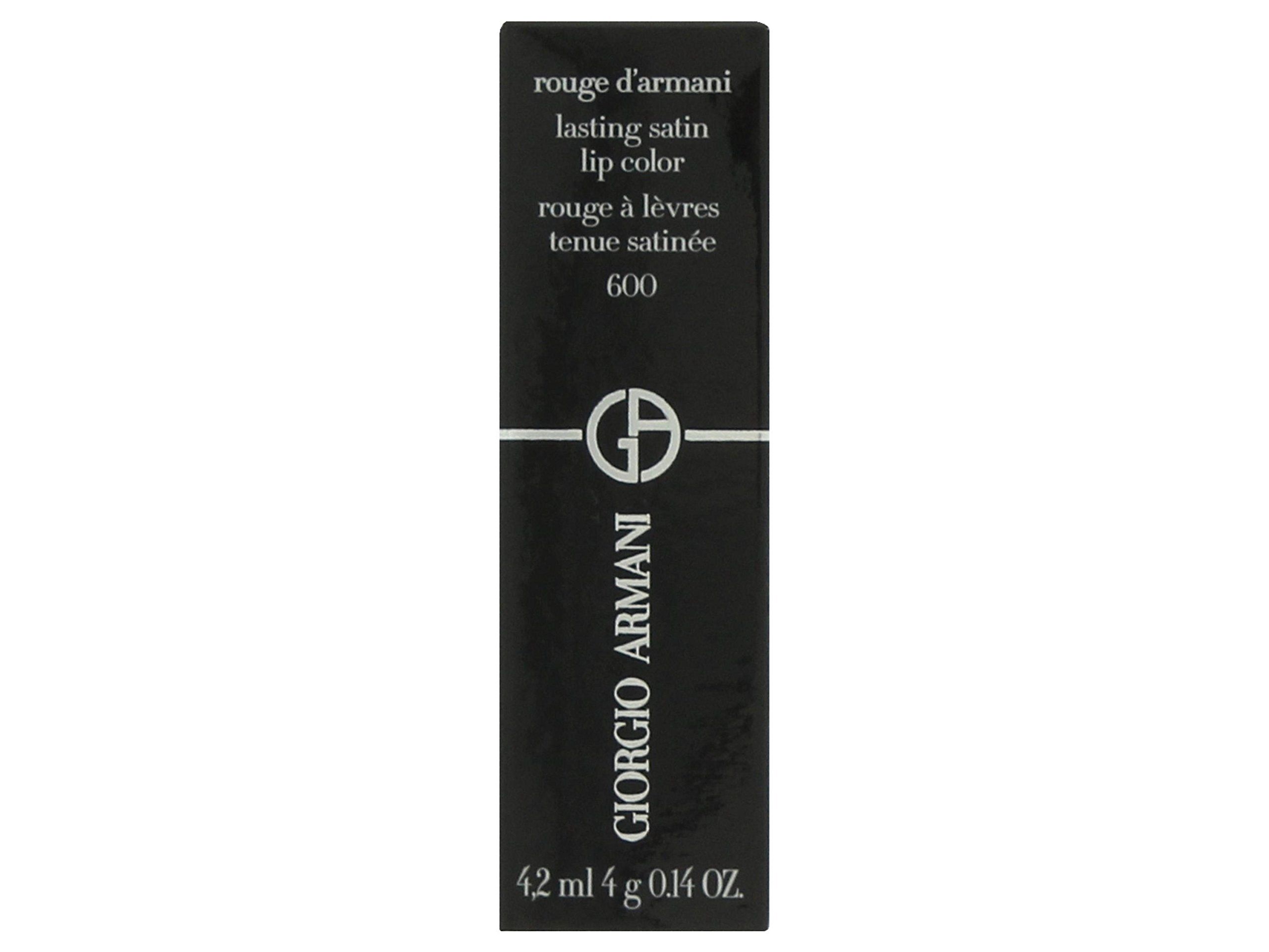Confezione nera con logo Giorgio Armani e informazioni prodotto. Testo: Rouge d'Armani, 600, 4 ml 4 g 0.14 OZ.