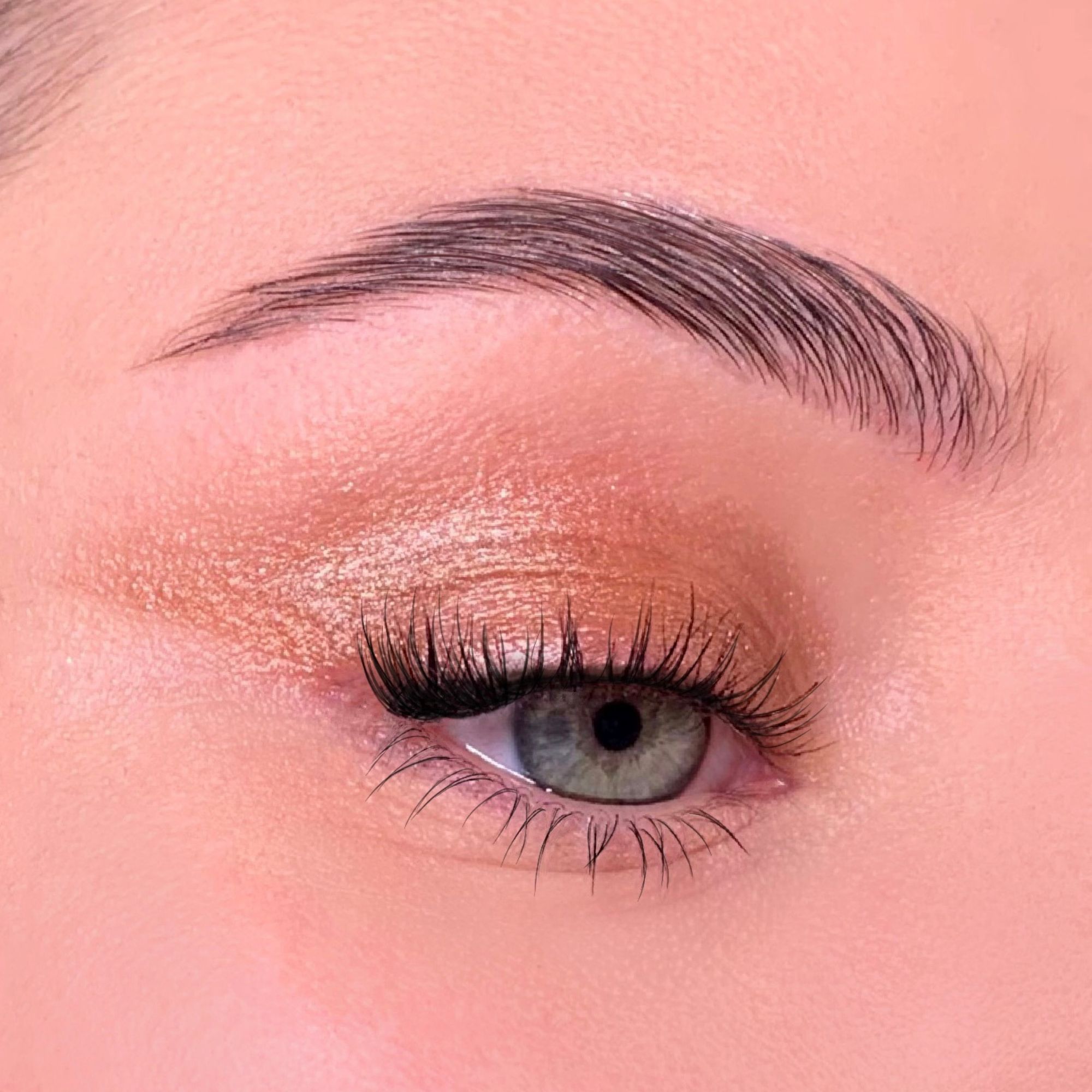 Primo piano di un occhio truccato. Iride verde, ciglia, sopracciglio. Ombretto. Tono della pelle.