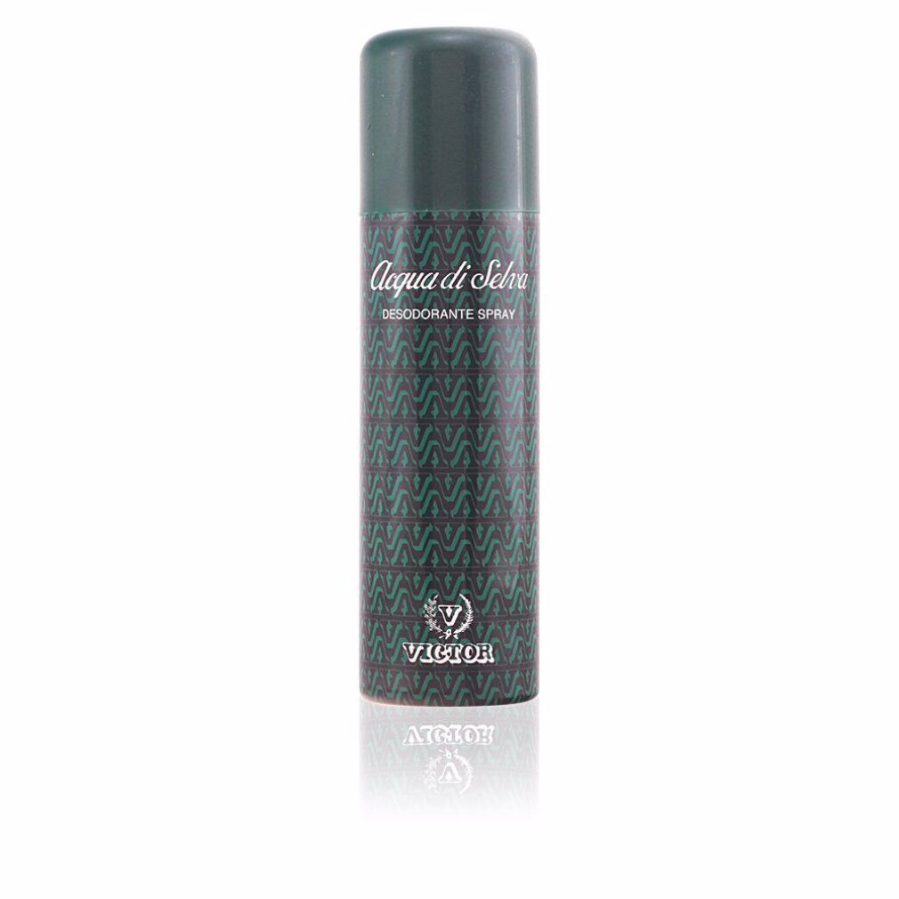 Spray deodorante. Motivo verde e nero. Scritta: Acqua di Selva, Desodorante Spray, Victor. Forma cilindrica.