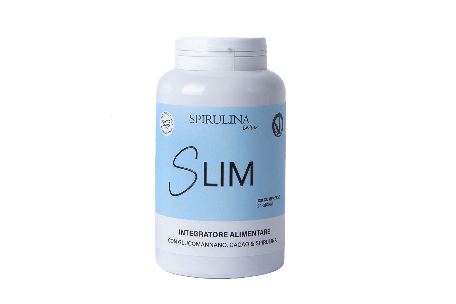 Flacone bianco "Spirulina Slim". Testo: "Integratore alimentare". 120 compresse. Con Glucomannano, Cacao & Spirulina. Etichetta blu.