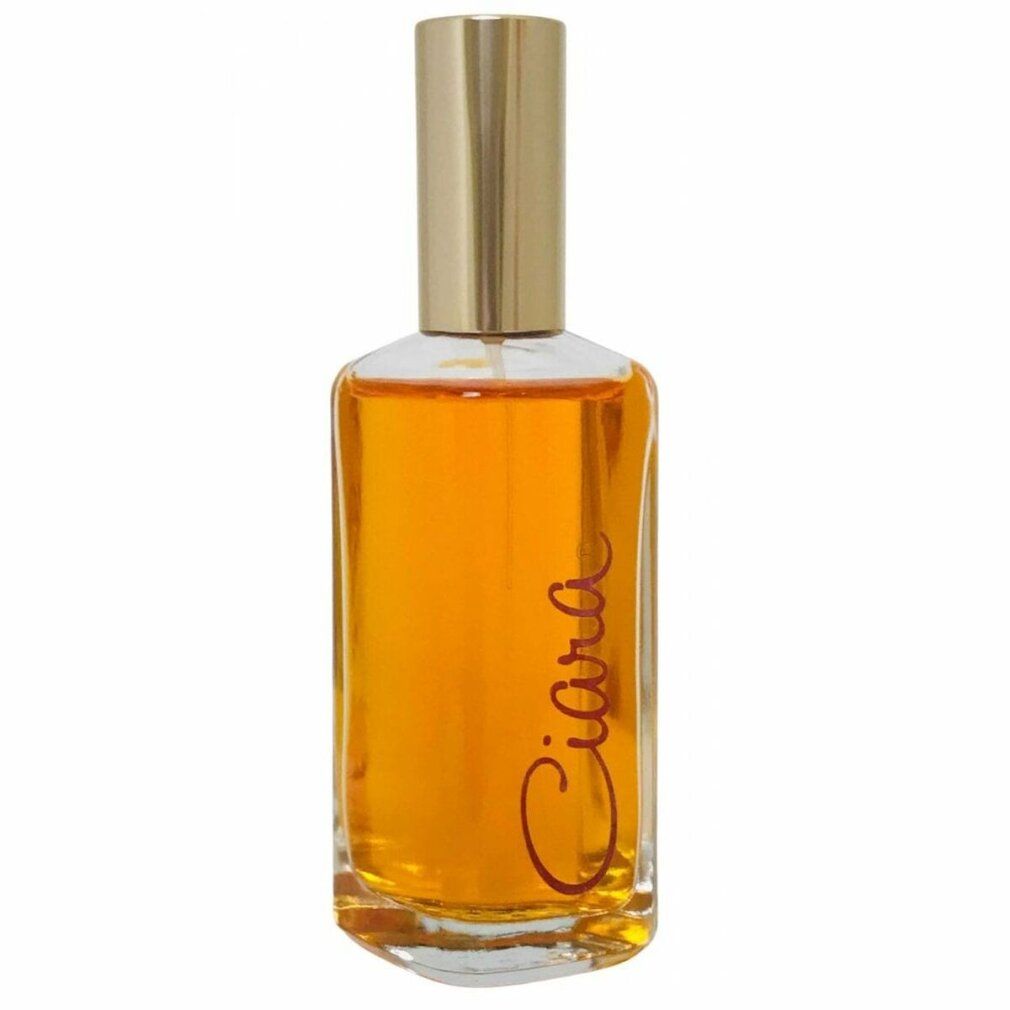 Flacone Revlon Ciara Eau de Parfum con tappo dorato e liquido arancione.