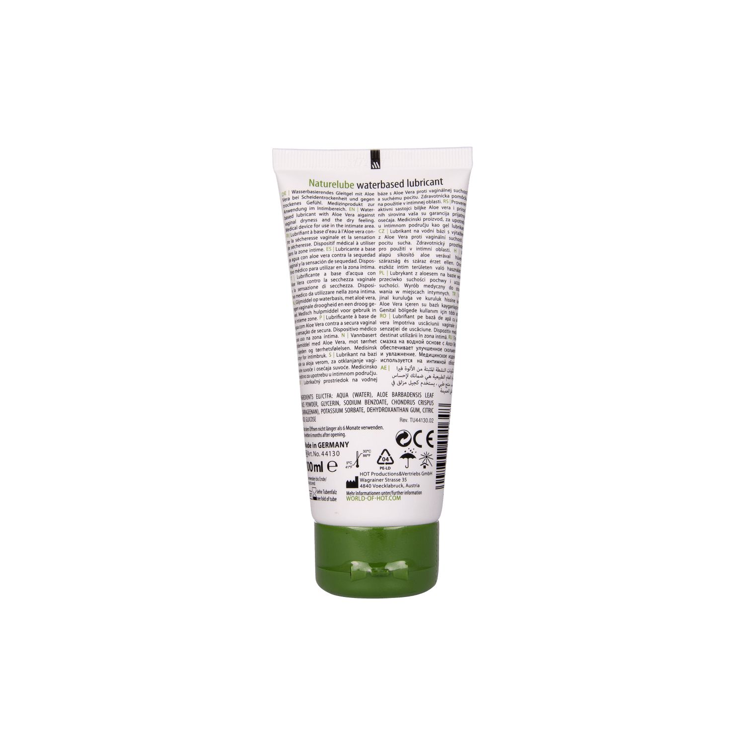 Retro di un tubo di NATURELUBE Aloe Vera. Contiene informazioni testuali, ingredienti e dettagli del produttore.