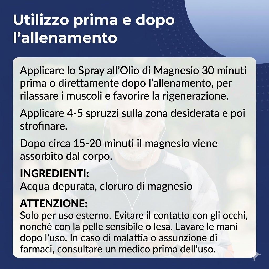 Testo: Utilizzo prima e dopo l'allenamento. Applicazione: 4-5 spruzzi sulla zona desiderata. Ingredienti: Acqua, cloruro di magnesio.