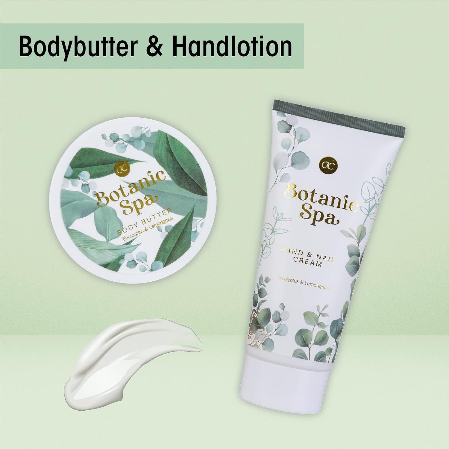 Burro corpo e lozione mani con logo Botanic Spa e design eucalipto. Accanto, macchia di crema.