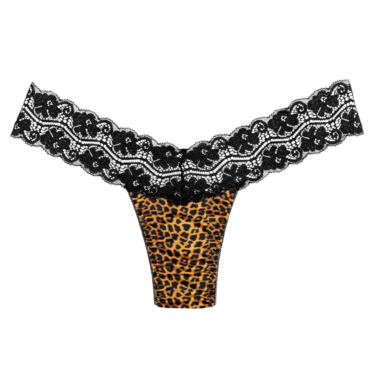 Slip con motivo leopardato e pizzo nero. Vista frontale del prodotto.