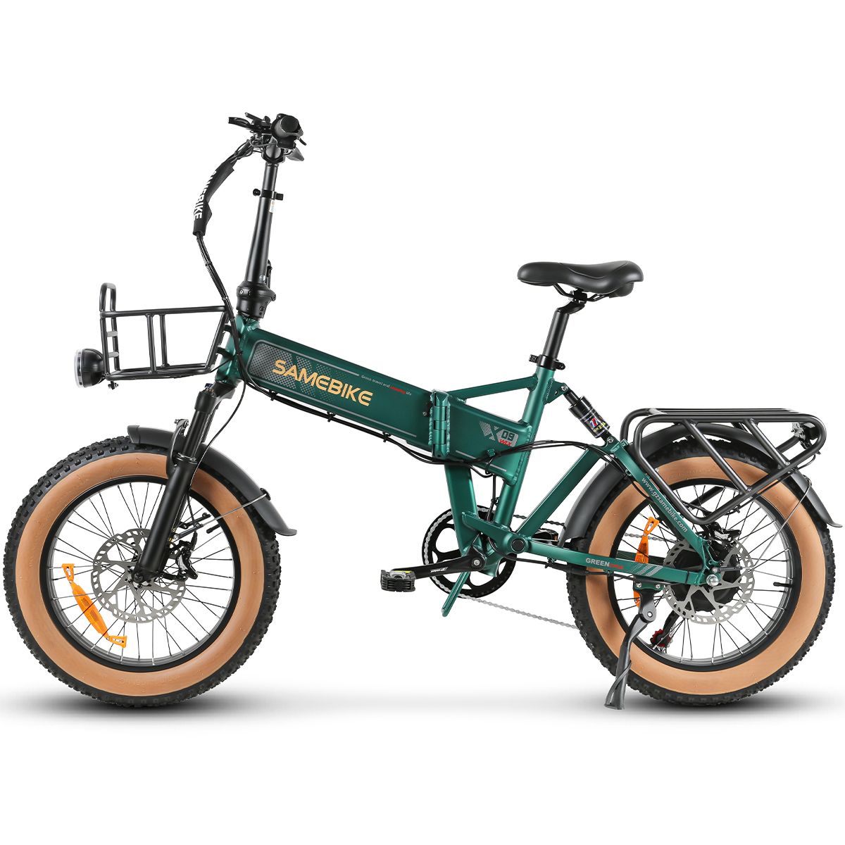 Bicicletta elettrica SAMEBIKE XWLX09-II verde con cestino, portapacchi e pneumatici larghi. Dettagli neri, pneumatici beige.