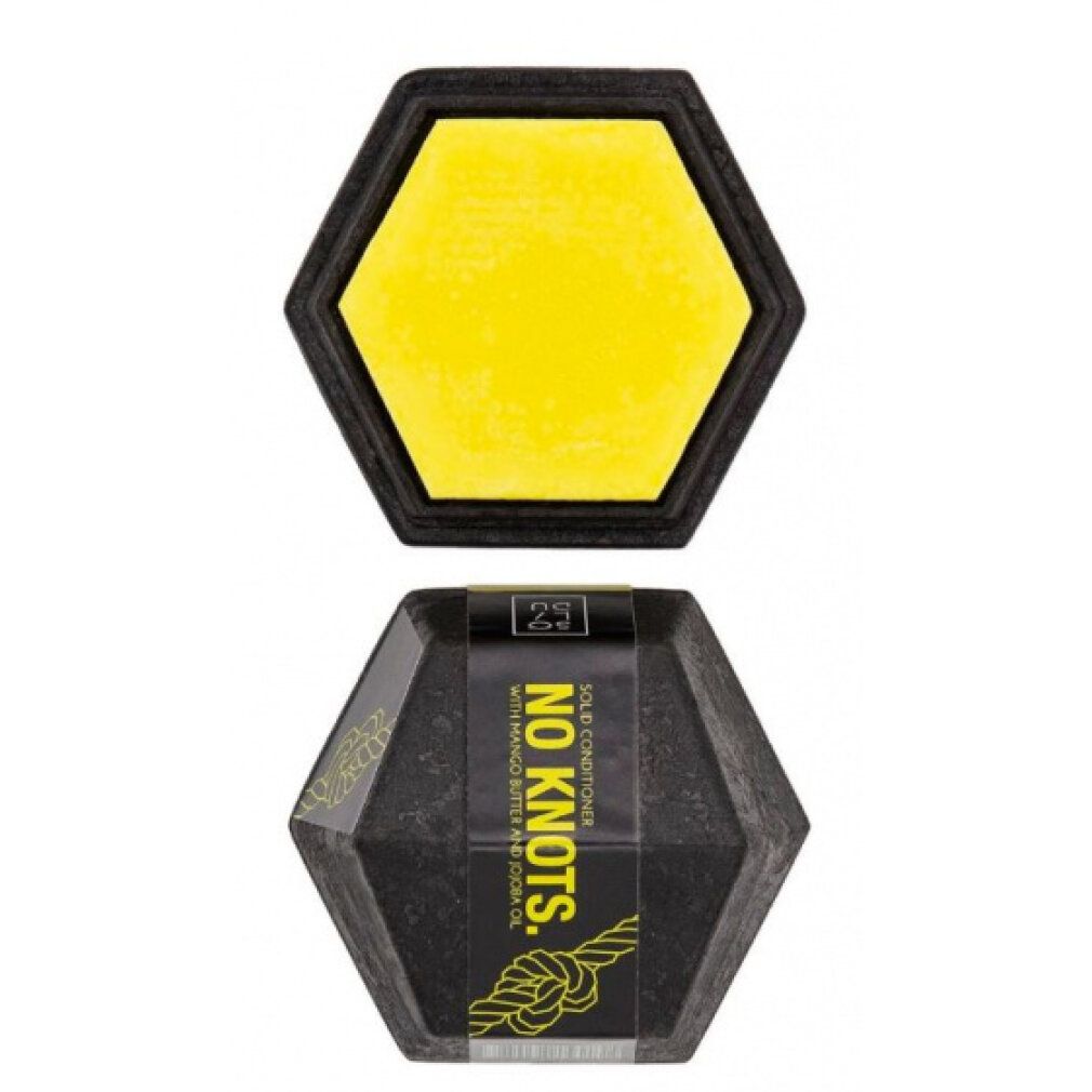 Balsamo solido ottagonale giallo. Confezione nera con testo e illustrazione di corda.