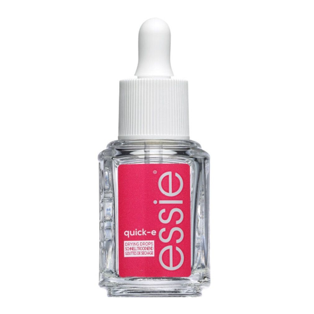 Essie Quick-e gocce asciugatura. Flacone in vetro trasparente con etichetta rosa e tappo bianco. Contagocce integrato.