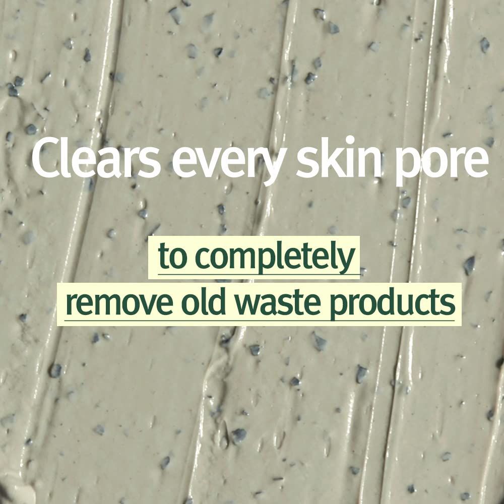 Campione di consistenza di una pasta verde. Testo: Clears every skin pore to completely remove old waste products.