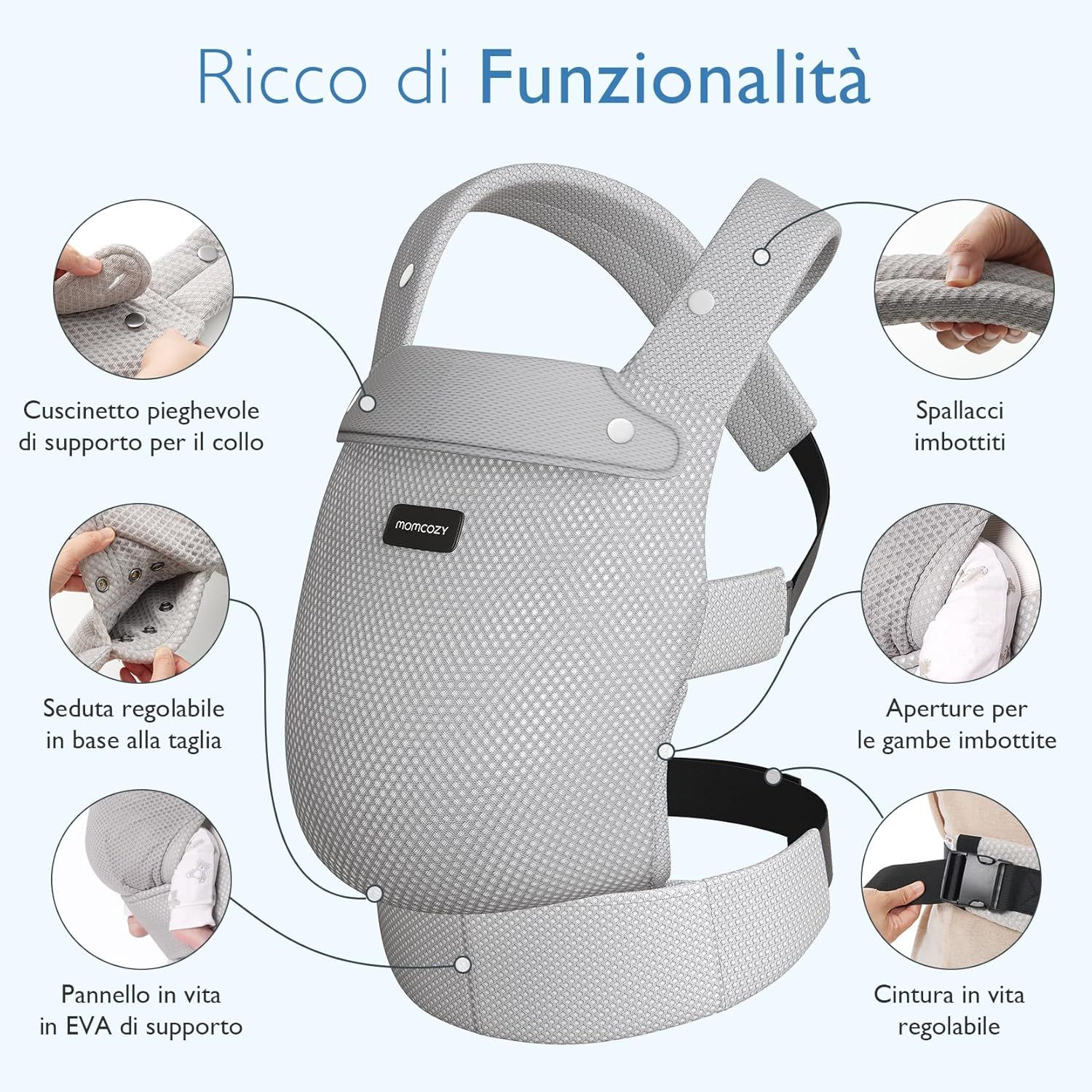 Momcozy Marsupio per Bambini Leggero e Traspirante in Rete Air Mesh Grigio