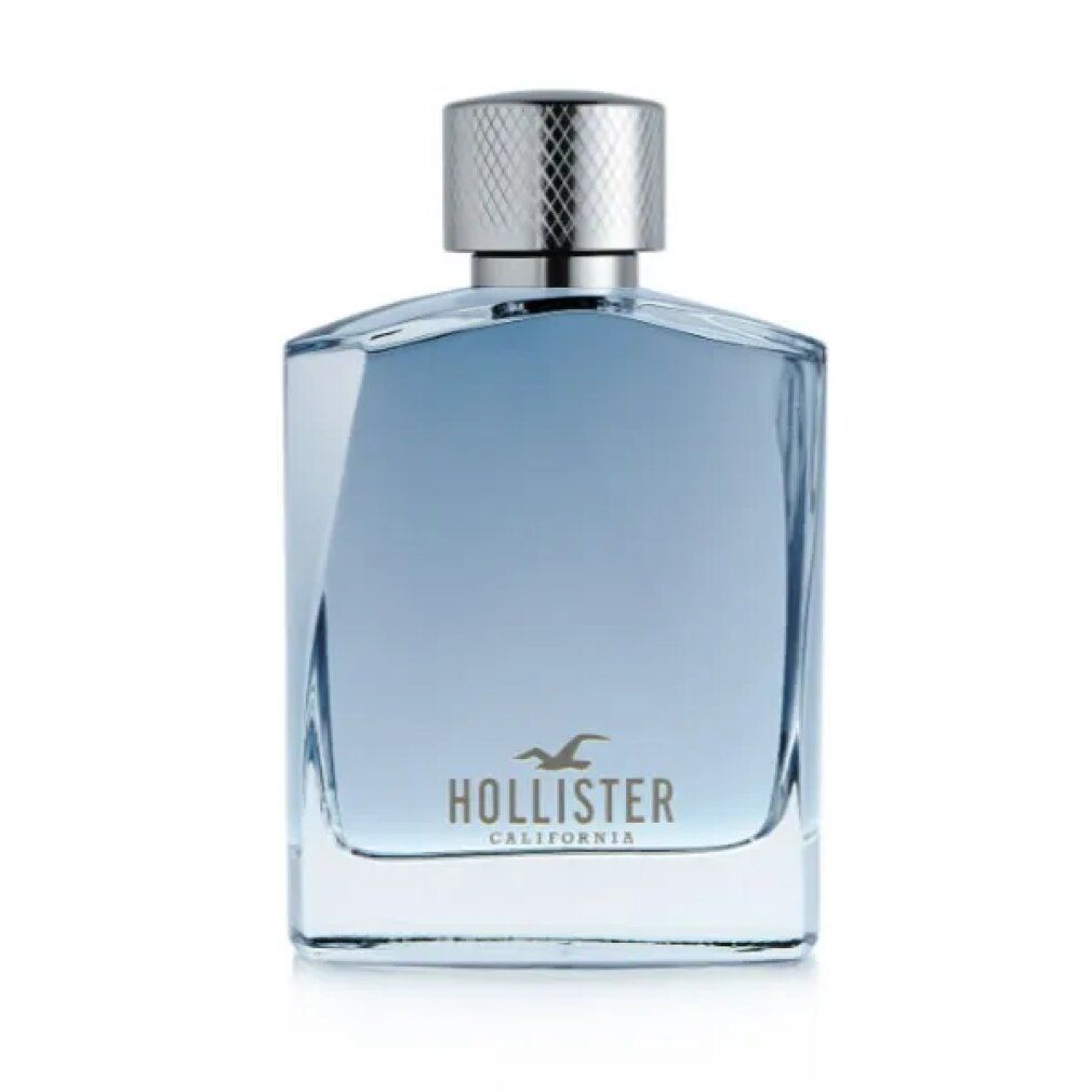 Flacone Hollister Wave Eau de Toilette. Forma quadrata, liquido azzurro chiaro. Tappo argentato. Logo sul flacone.