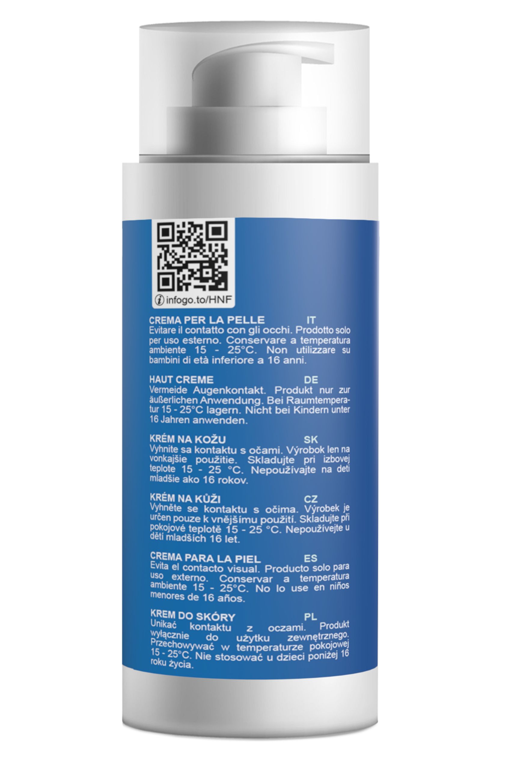 Flacone bianco con erogatore a pompa e fascia blu con testo.