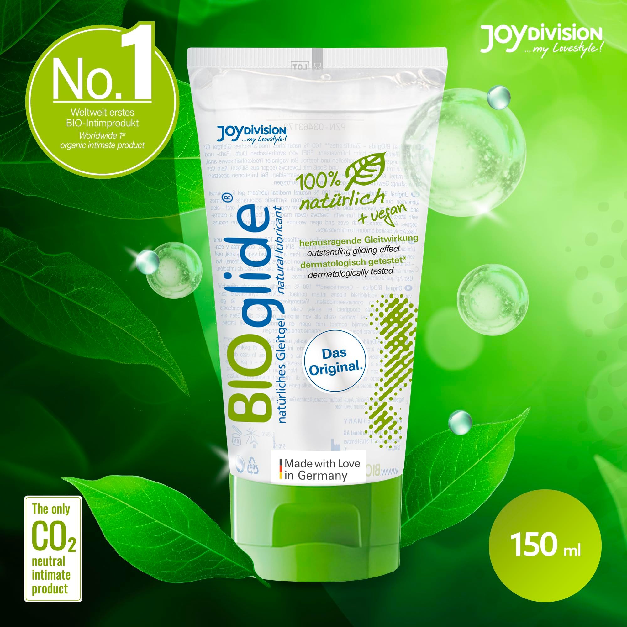 Tubo di gel lubrificante BIOglide con tappo verde. 100% naturale + vegano.