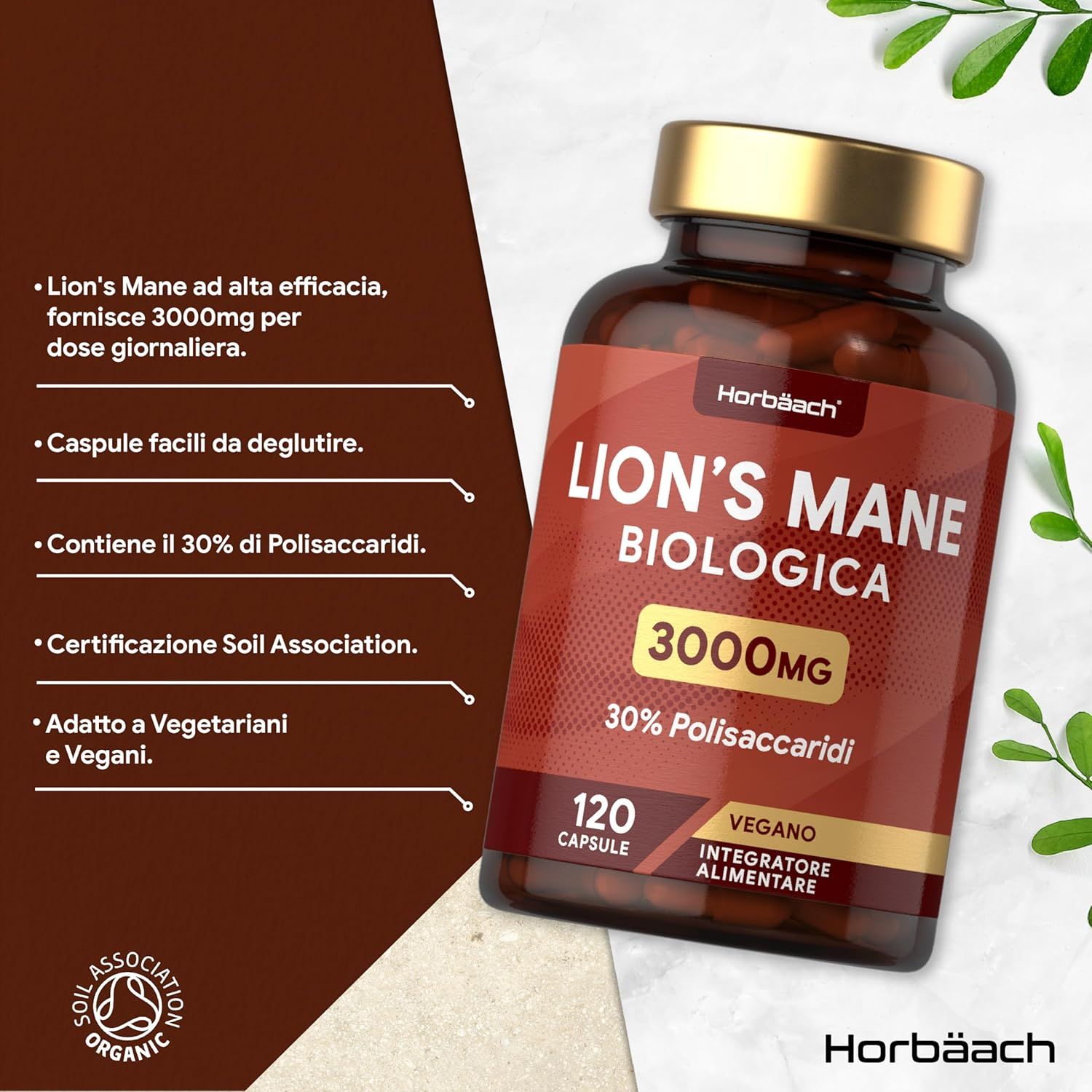 Flacone marrone di capsule. Scritta: LION'S MANE BIOLOGICA 3000MG, 120 capsule. Vegano. Certificato Soil Association.