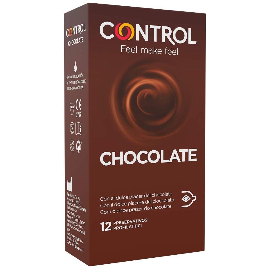 Vista laterale della confezione dei preservativi Control Cioccolato. Mostra marcatura CE e altri simboli.