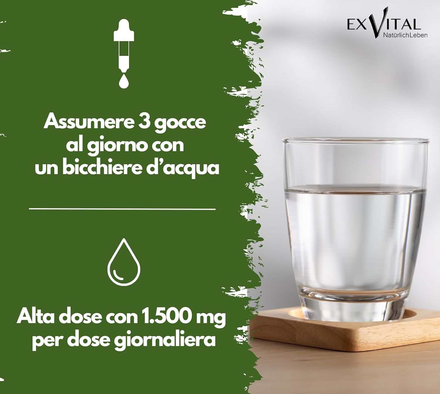 Raccomandazione di assunzione italiana: 3 gocce con acqua.