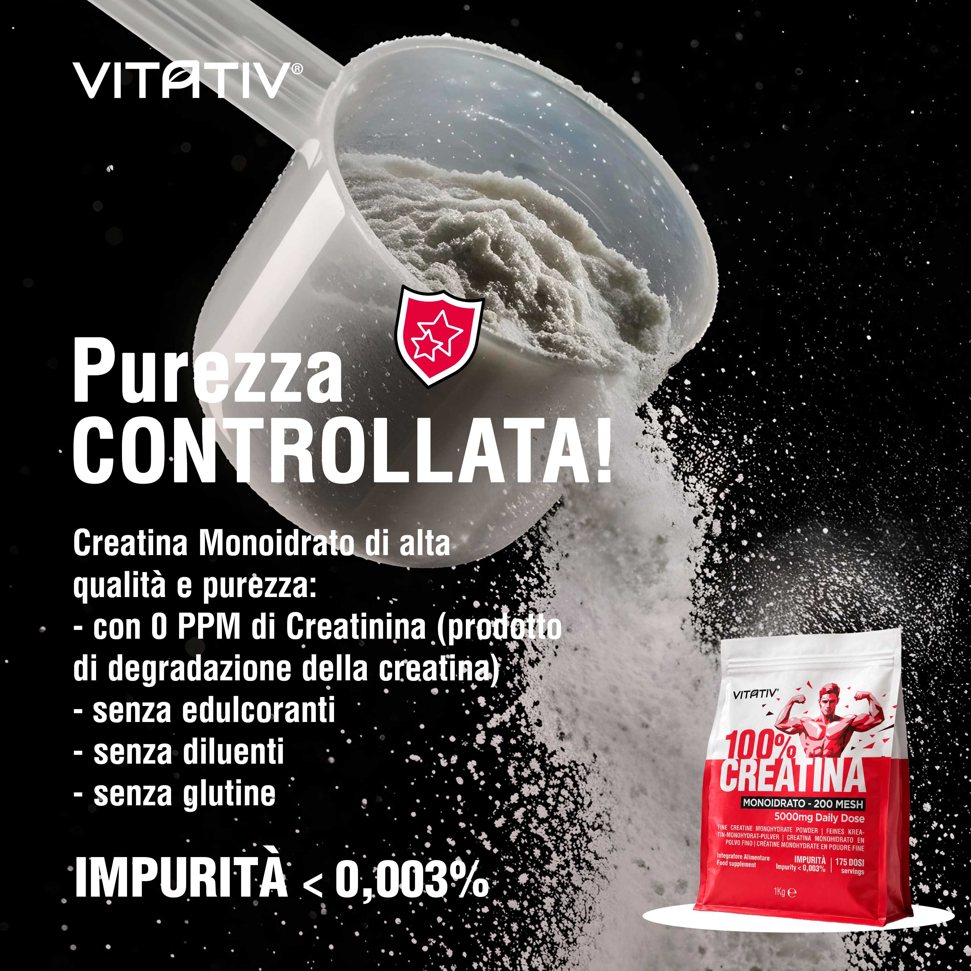 Vitativ 100% Creatina Monoidrato Polvere, 200 Mesh, busta 1kg.