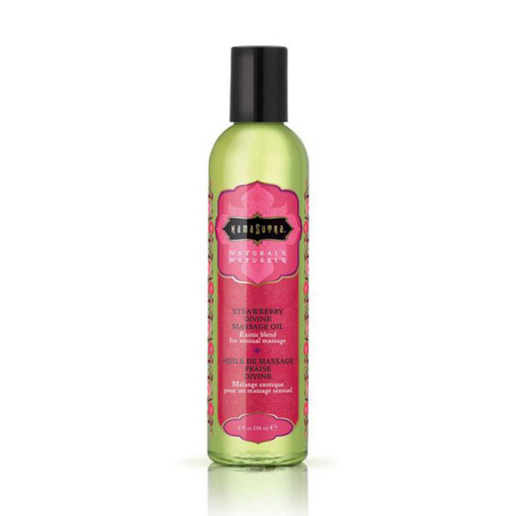 Flacone verde con tappo nero. Etichetta rosa con "Kama Sutra Naturals" e "Fragola". Olio per massaggi.