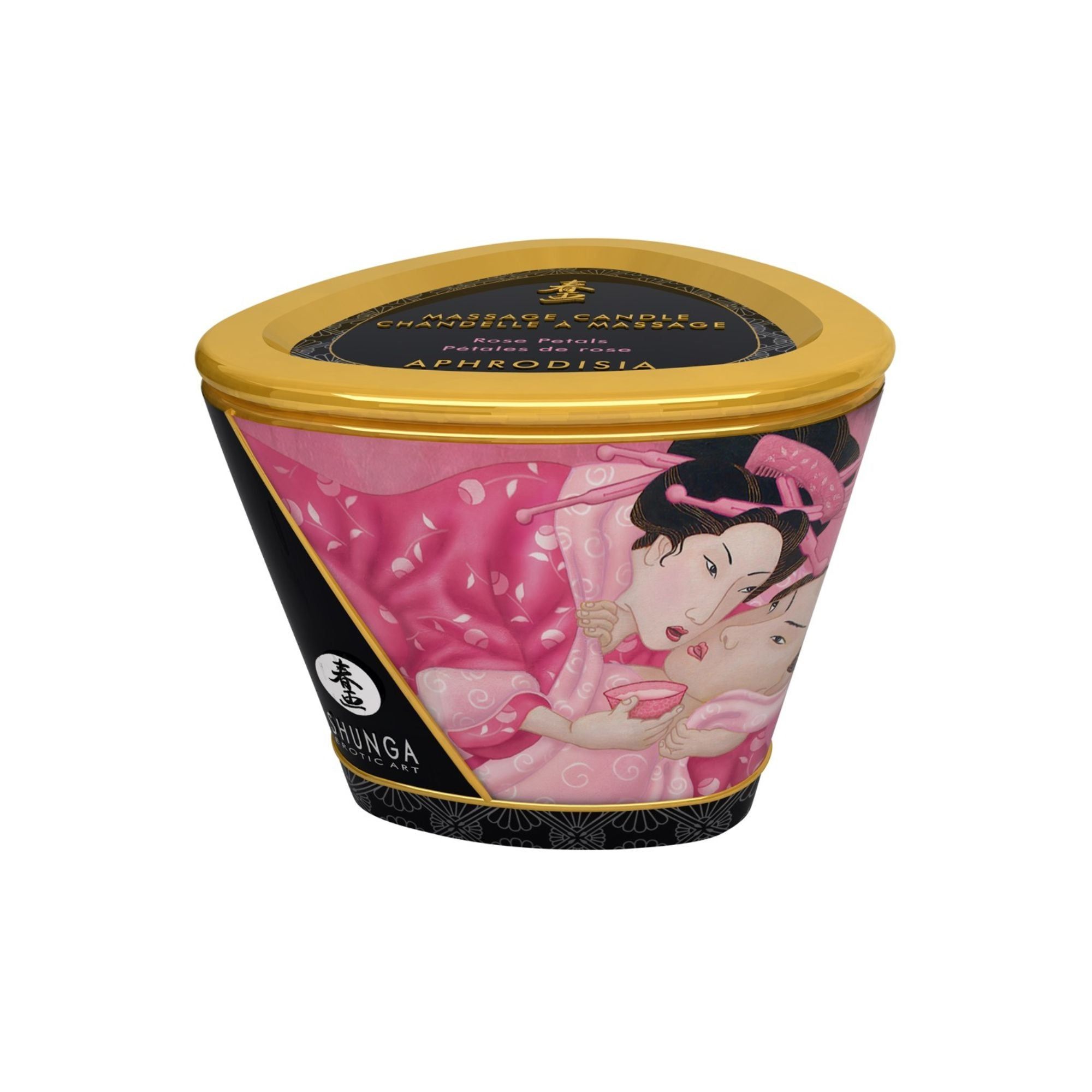 Candela da massaggio con coperchio. Design rosa con illustrazione di due donne. Bordo dorato. Marchio: Shunga.