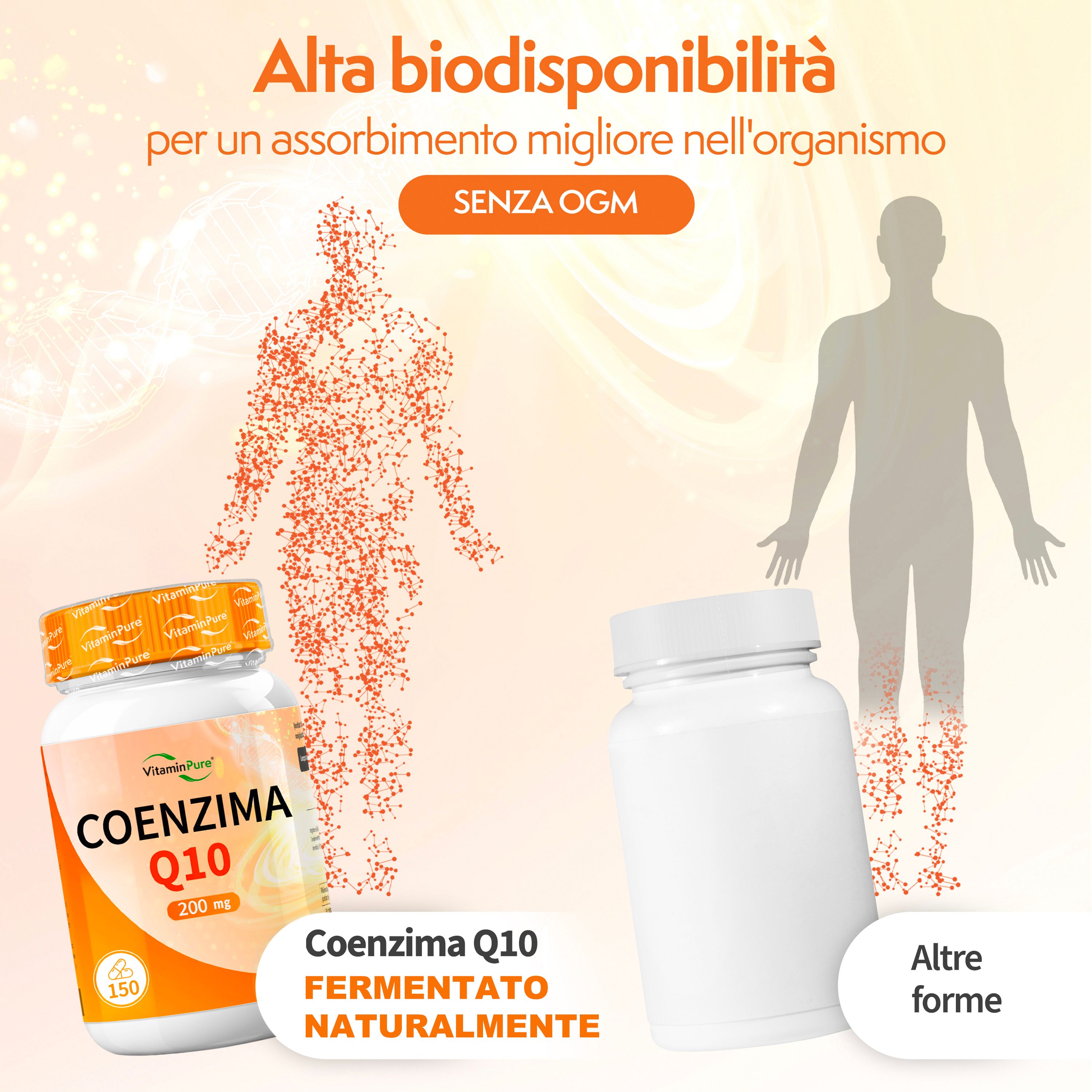 Flacone di Coenzima Q10 200 mg e rappresentazione schematica del corpo umano.