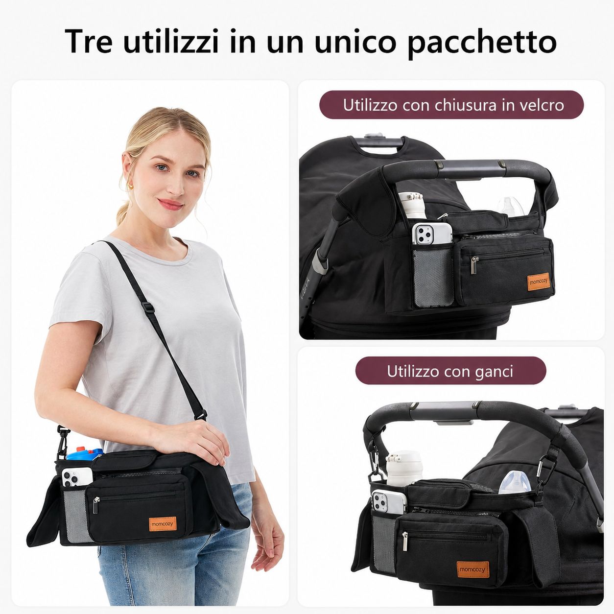 Momcozy Organizer universale per passeggino con portabottiglie/portabicchieri isolato