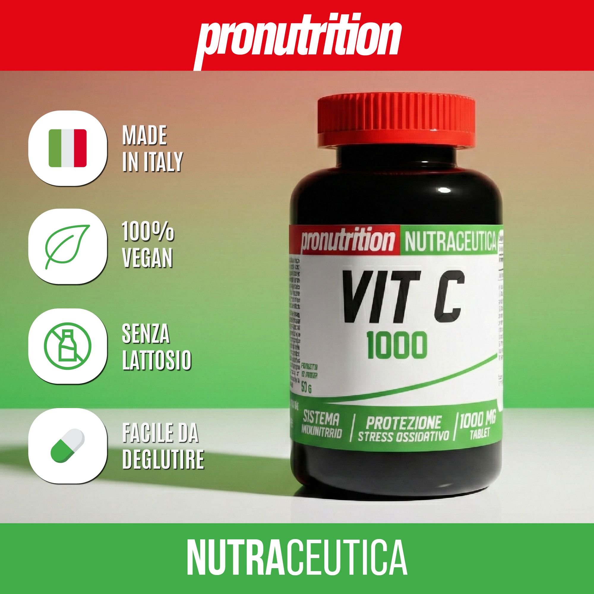 Flacone nero con tappo rosso. Scritta Vit C 1000. Con bandiera italiana, logo vegano e testo.