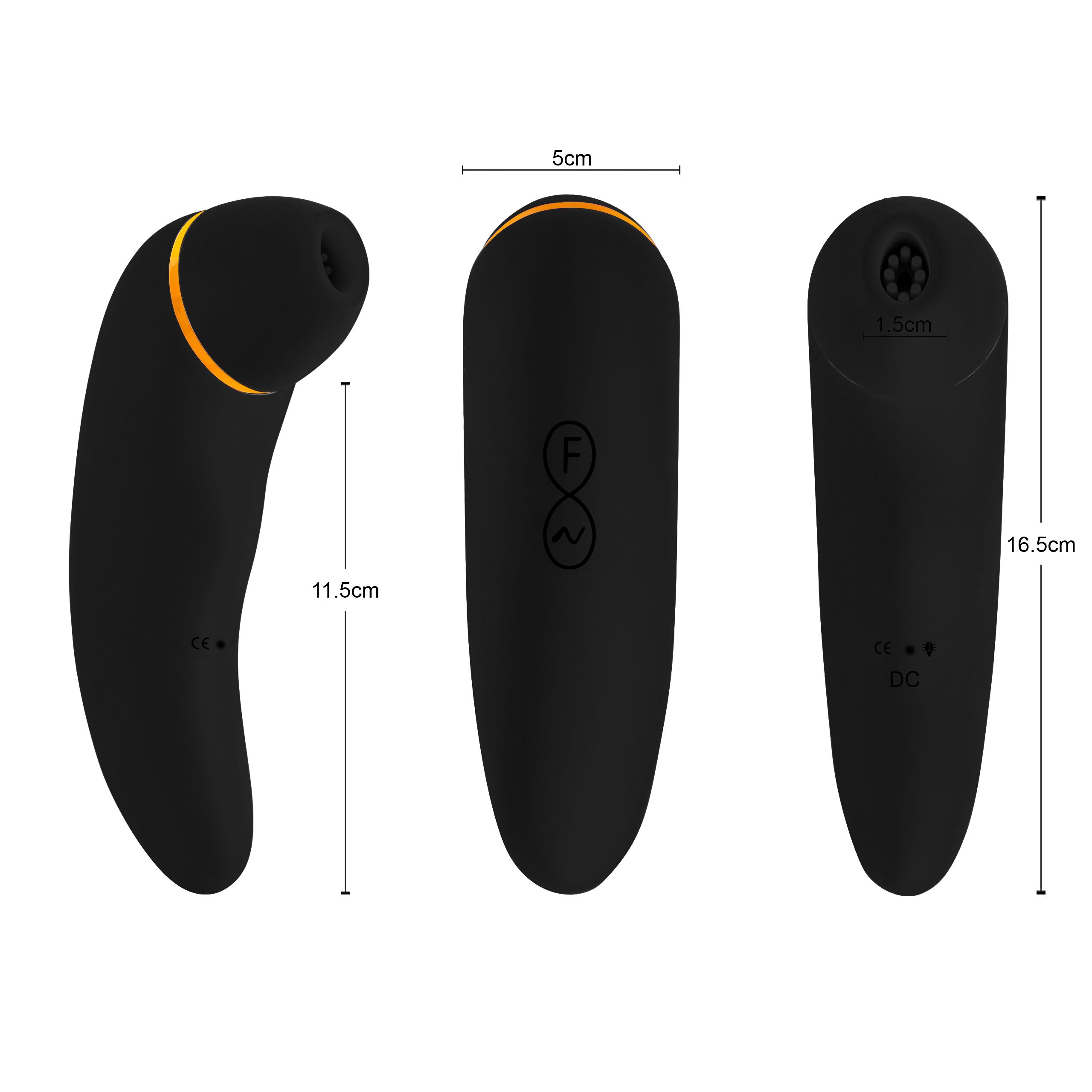 Tre viste di un dispositivo nero ergonomico con dettagli arancioni. Dimensioni indicate: 11,5 cm, 5 cm, 16,5 cm.