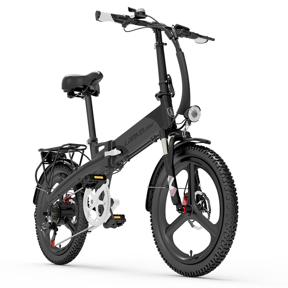 E-bike pieghevole nera. Visibili: sella, manubrio, parafanghi, portapacchi e ruote con battistrada. Marchio LANKELEISI.