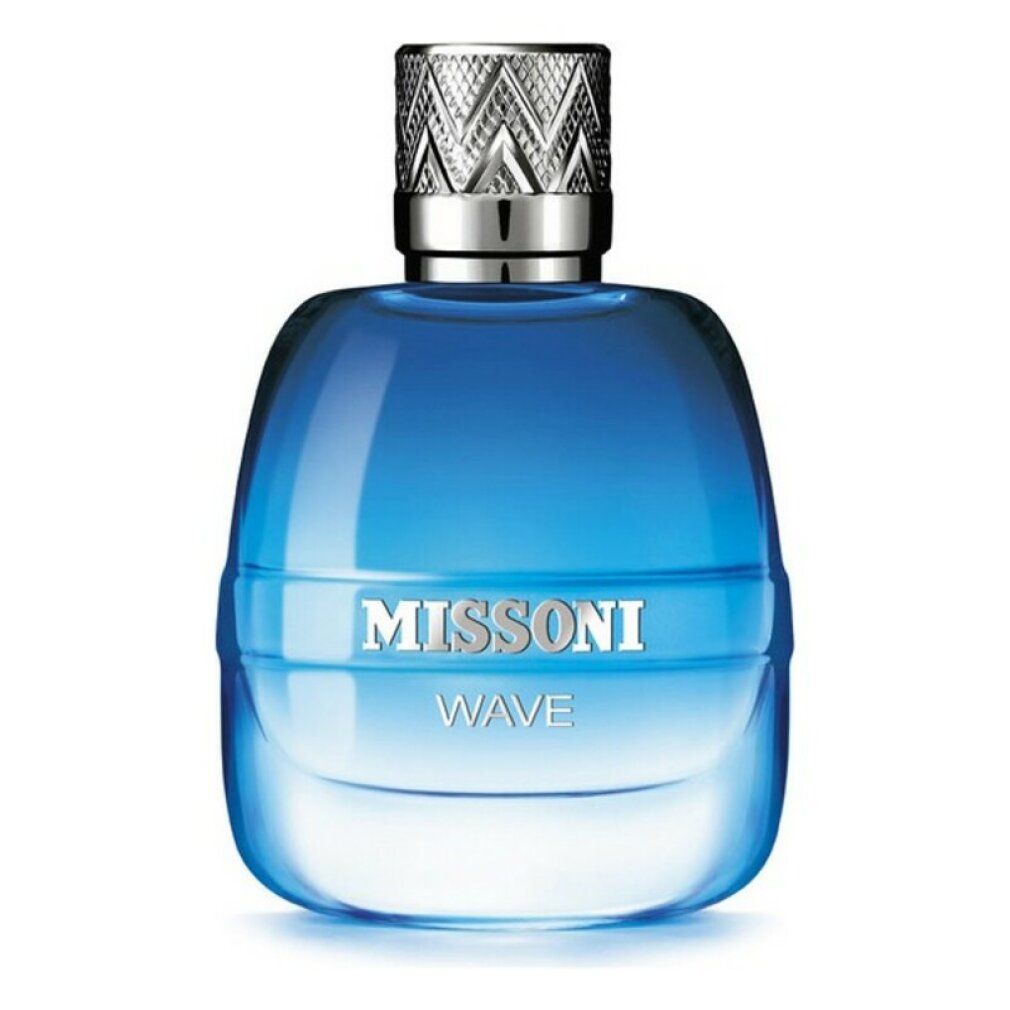 Flacone di profumo blu con tappo argentato. Scritta: MISSONI WAVE. Il flacone è di forma ovale.