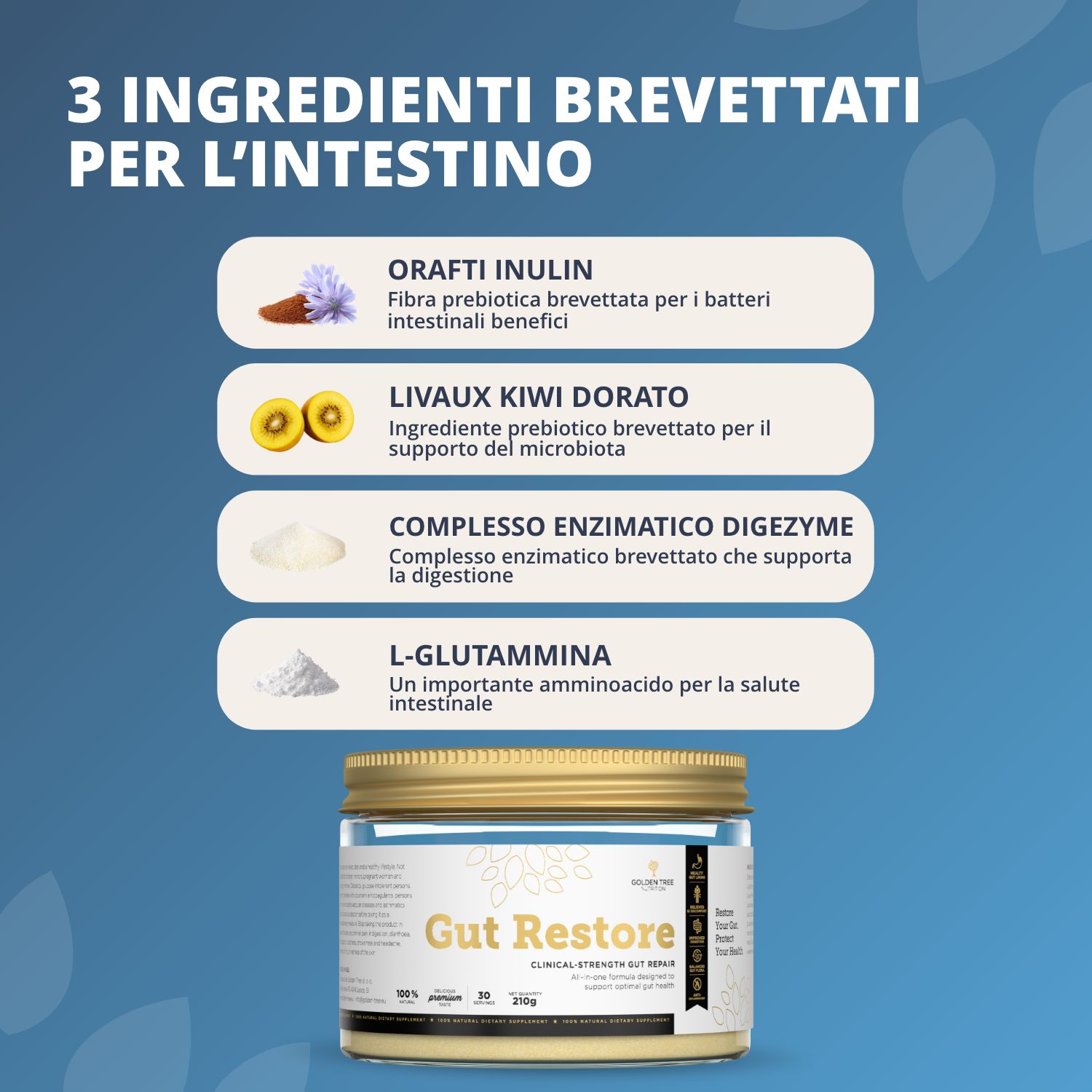 Tre ingredienti brevettati per l'intestino: inulina Orafti, kiwi dorato Livaux, complesso enzimatico Digesyme.